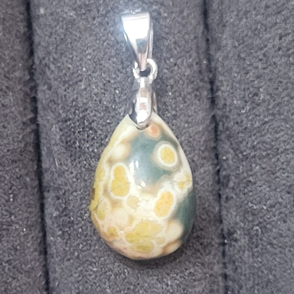 Yellow and Green Ocean Jasper Pendant with Sterling Silver Buckle